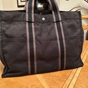 HERMES GM Canvas Striped Cotton Tote Bag